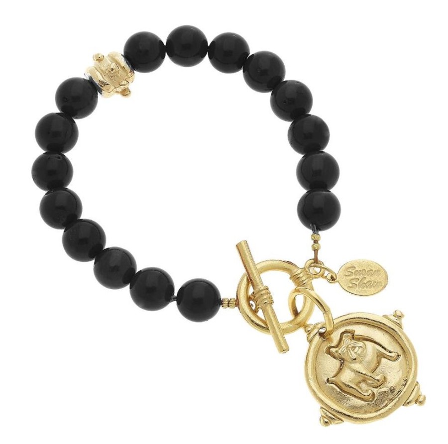 Jewelry Susan Shaw | Gold Bulldog Intaglio On Black Onyx Bracelet