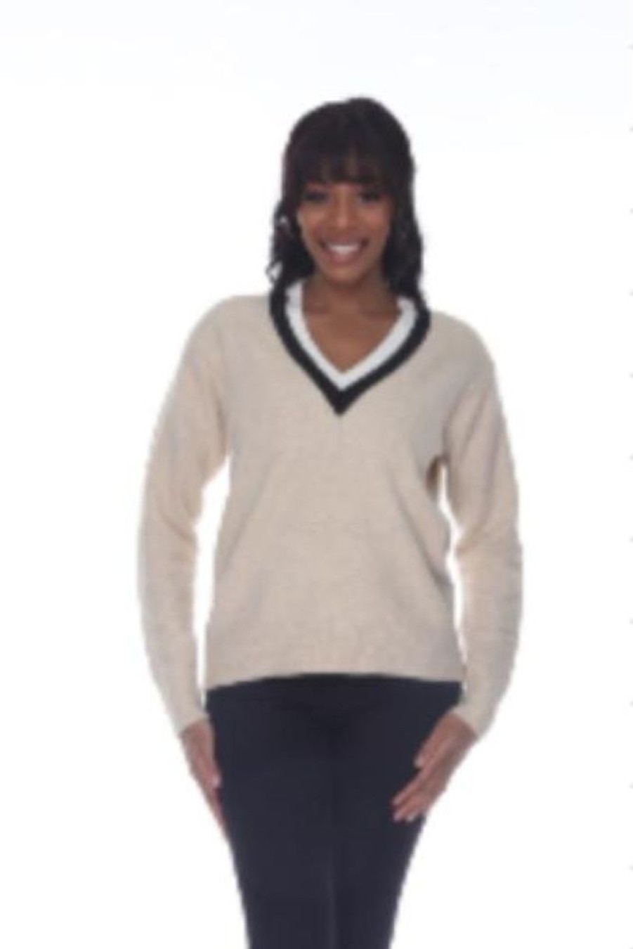 Clothing Rain + Rose | Cream & Black V-Neck Sport Sweater