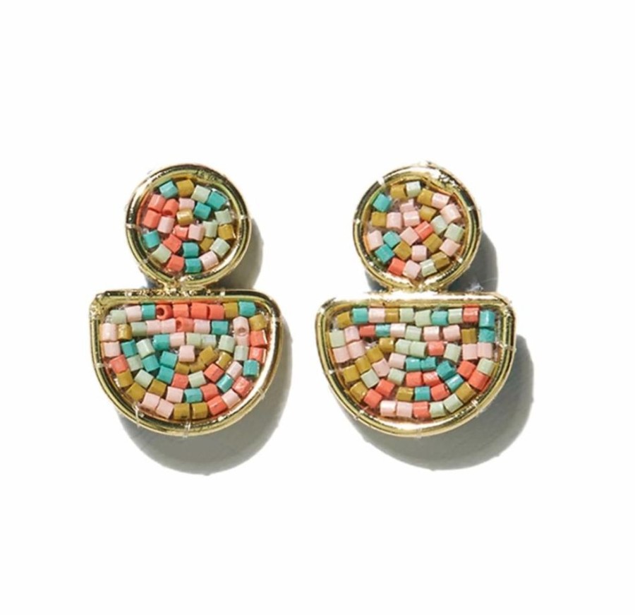 Jewelry Ink & Alloy | Coral Mint Confetti Beads Brass Half Circle Post Earrings