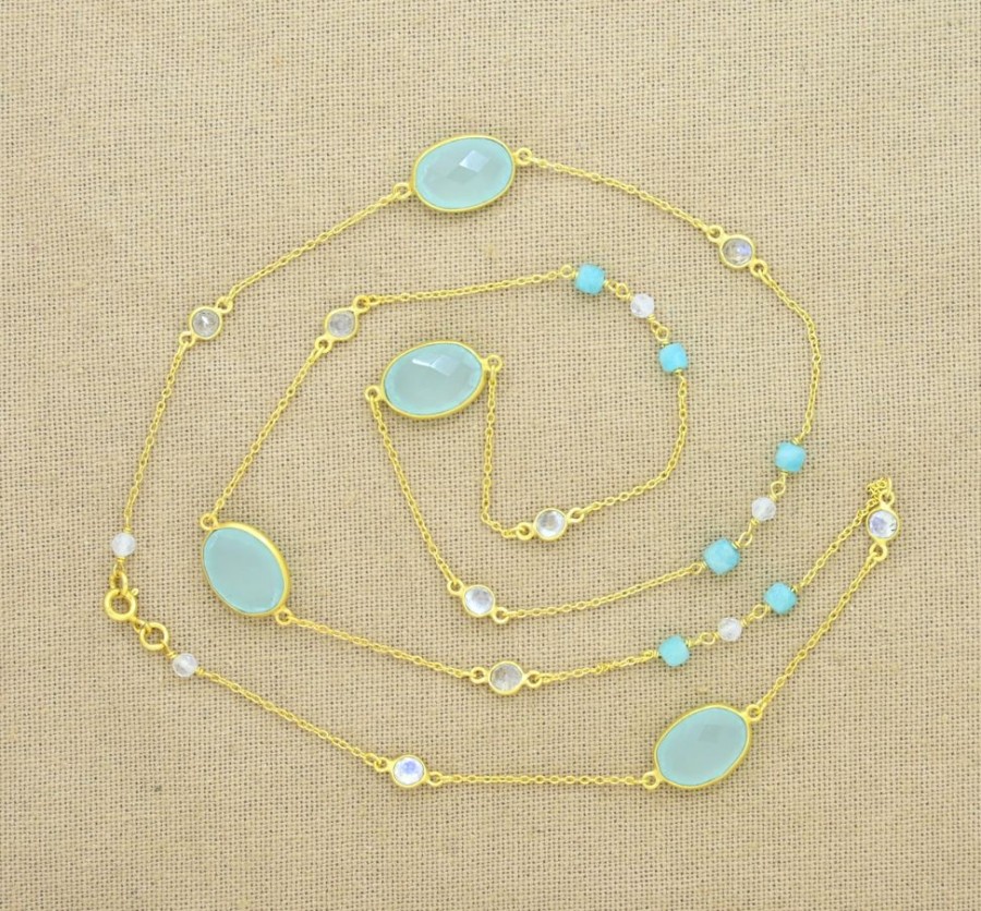 Jewelry Joya | Long Necklace Aqua-Chalc, Moonstone And Amazonite