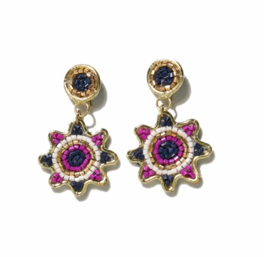 Jewelry Ink & Alloy | Navy Magenta Small Dot And Flower Brass Beaded Earrings