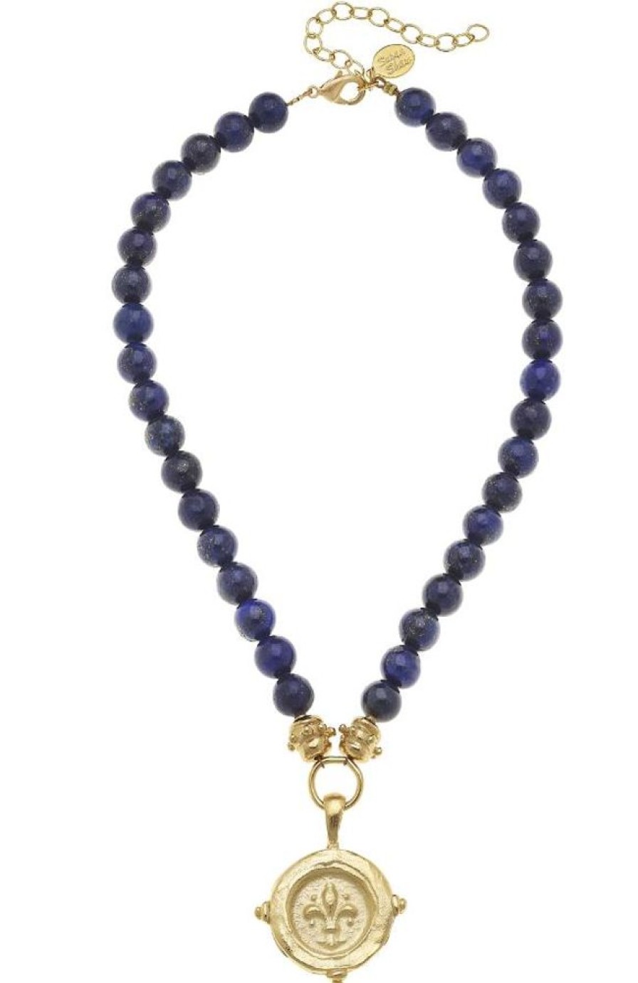 Jewelry Susan Shaw | Gold Fleur De Lis On Lapis Necklace