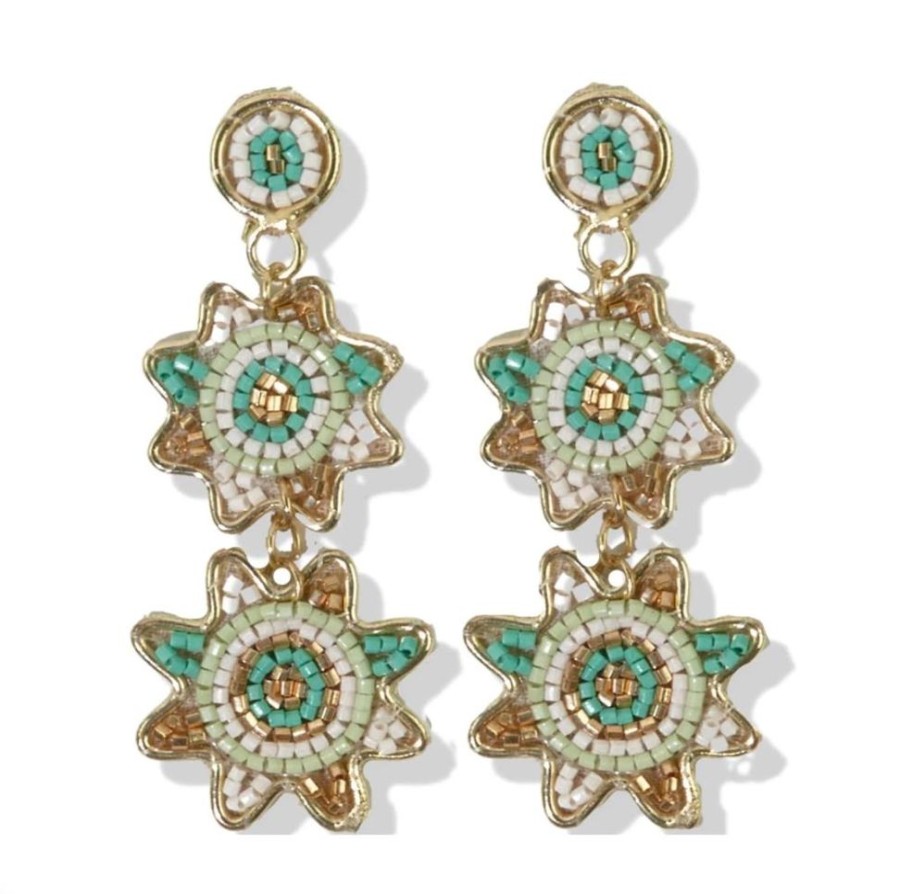 Jewelry Ink & Alloy | Teal Beads In Brass Double Dangle Flower Frame Post Earrings