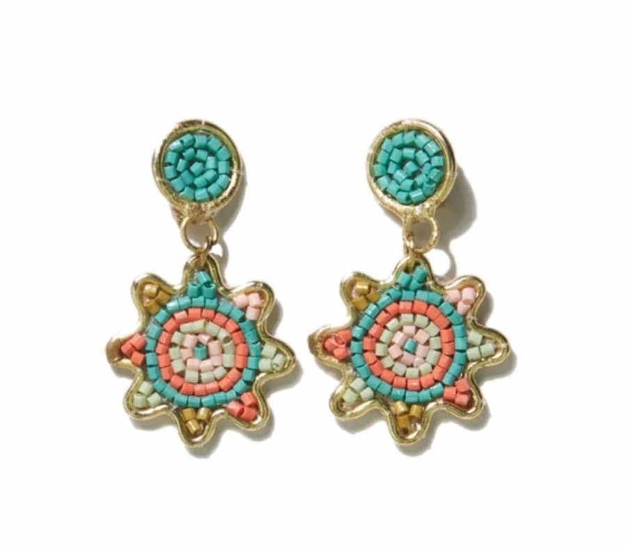 Jewelry Ink & Alloy | Coral Mint Small Dot And Flower Brass Beaded Earrings